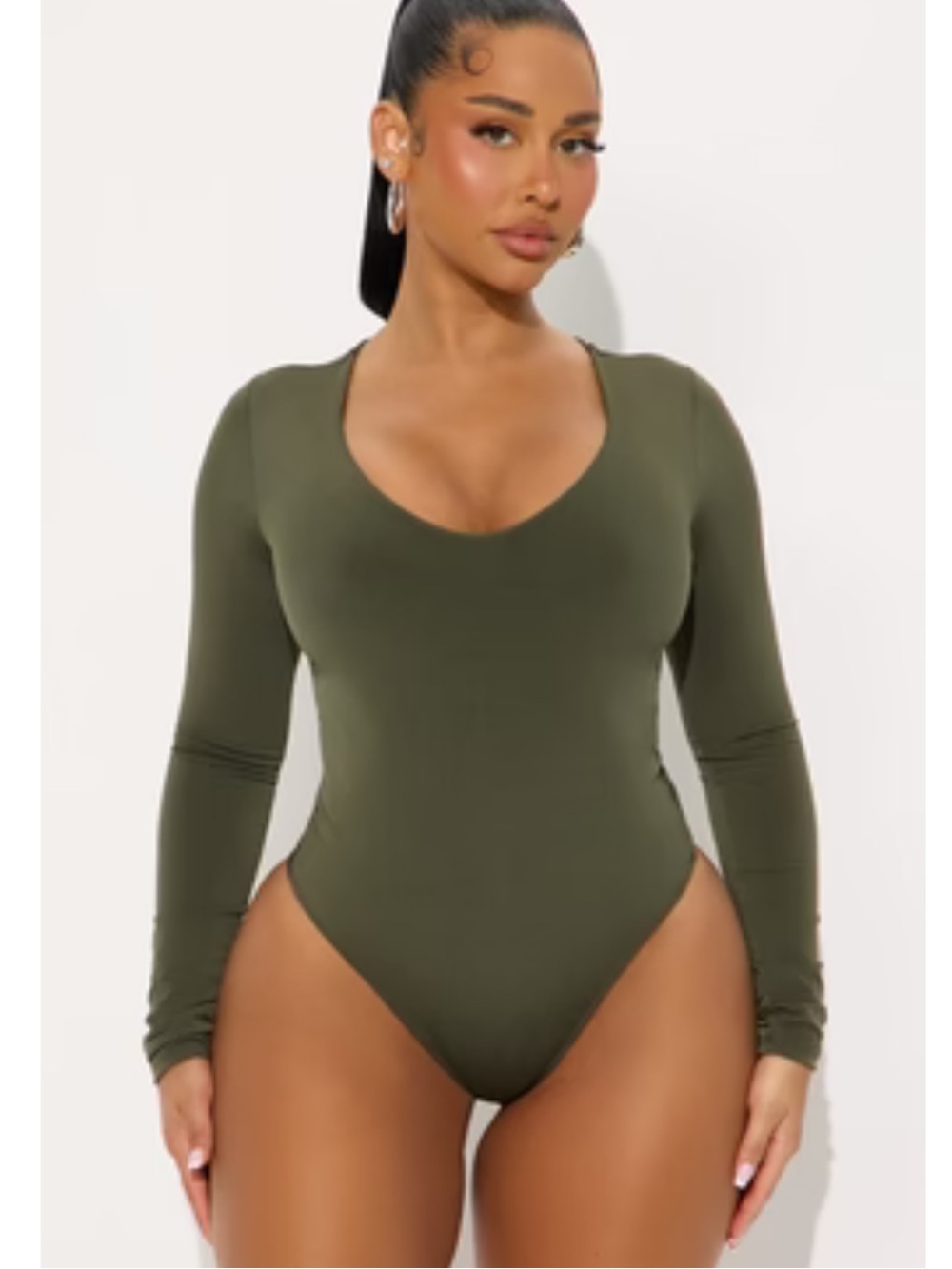 Fashion Nova Olive Scoop Neck Long Sleeve Bodysuit
